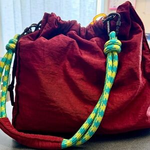 Bordeaux Drawstring Hobo Bag with Teal-Yellow Rope Strap